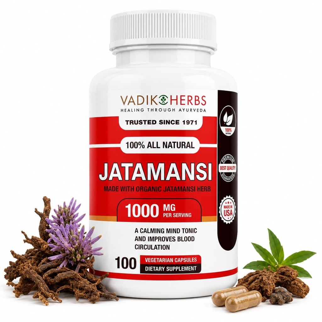 Vadik Herbs Certified Organic Jatamansi Spikenard Root (Nardostachys jatamansi) Polvere | (100 Vegicaps) | Realizzata con Potent Extract Powder | 1 Cap Daily ~ Oltre 3 mesi di fornitura