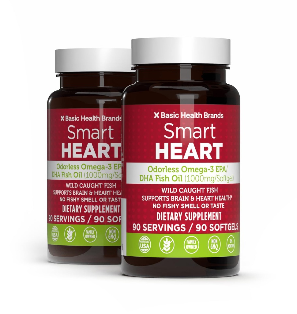 Marques de base Smart Heart Omega-3 Odorless Fish Oil 1000mg - Triple Strength EPA & DHA, non-OGM, Cœur et soutien cognitif - 90 Softgels sans Burpless - 2-Pack