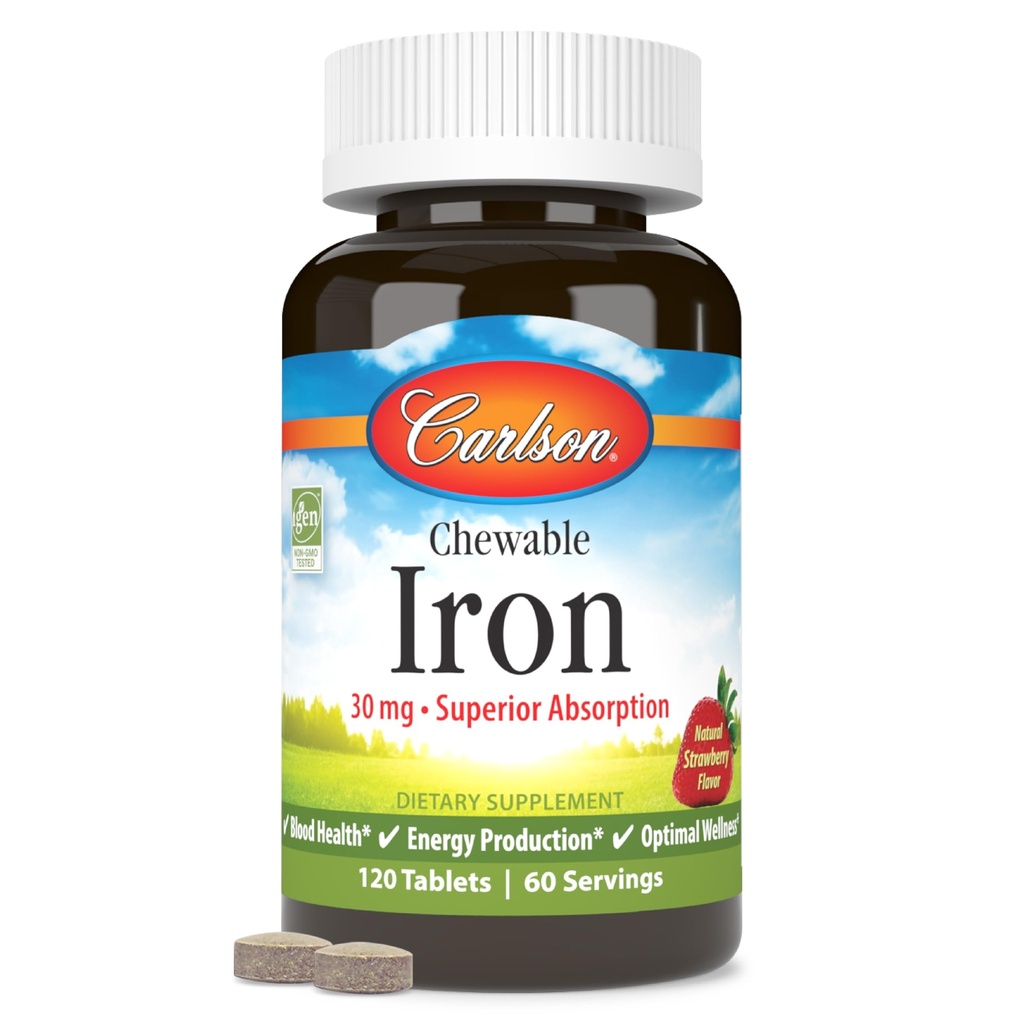 Carlson - Kaubares Eisen, 30 mg, Überlegene Absorption, Blutgesundheit, Energieproduktion & Optimale Wellness, Kaubares Eisen Beilage für Frauen & Männer, Natürliche Erdbeeren Geschmack, 120 Tabletten