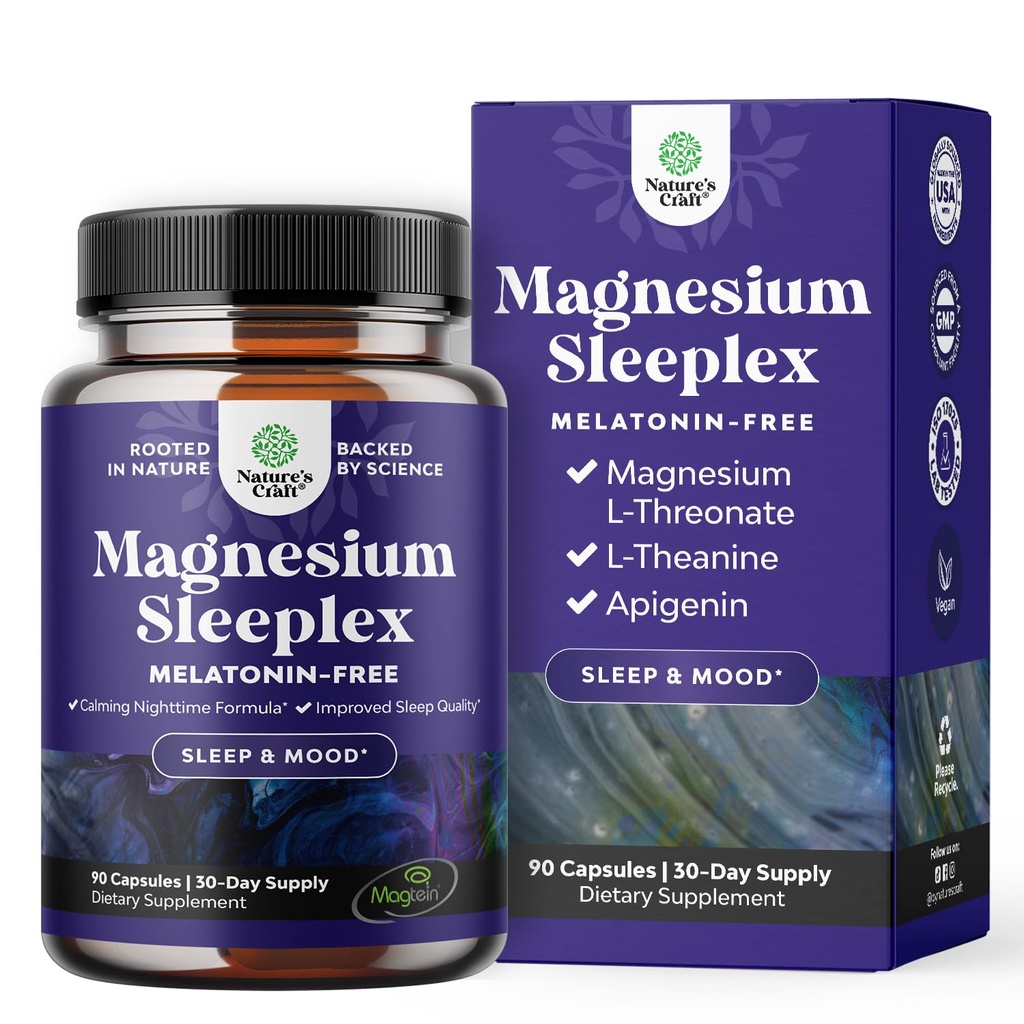High Absorption Magnesium Schlafergänzung - Erholung Unterstützung Magtein Magnesium L-Threonate und Apigenin Theanine für Schlaf und Erholung für Frauen & Männer - Mg L-Threonate Melatonin Freie Schlafhilfe - 90 Ct