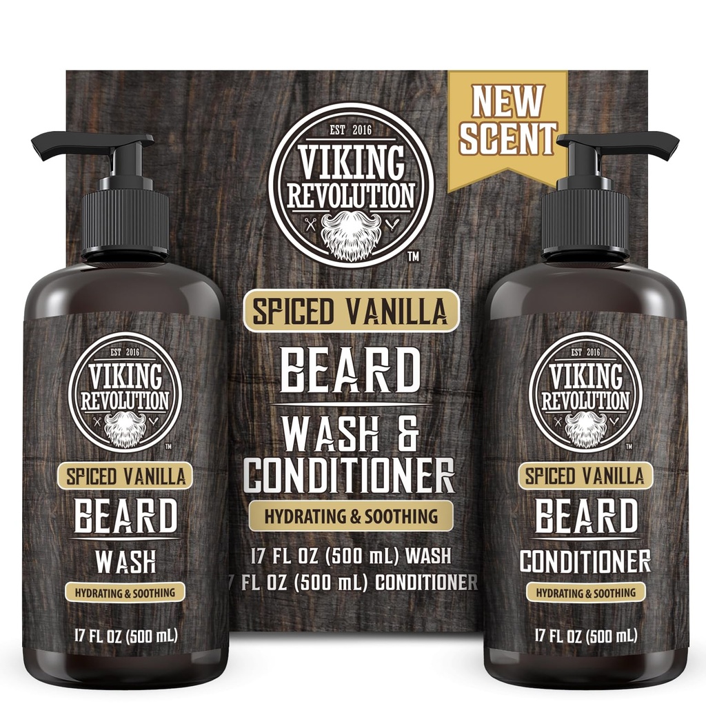 Viking Revolution Bart Wash and Beard Conditioner für Männer mit Argan Öl und Jojoba Öl - Bart Weichmacher und Stärkung Bart Pflege Bart Shampoo und Conditioner mit Bartöl (17oz Spiced Vanilla)