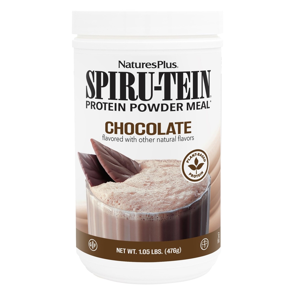 Natures Plus SPIRU-TEIN, Schokolade - 1.05 lb - Pflanzenbasierter Proteinshake - Non-GMO, Vegetarisch, Glutenfrei - 17 Gesamt Servierungen