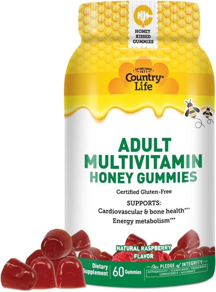 Country Life Adult Multivitamin Honey Gummies – Knochen, Herz- und Energieunterstützung – Non-GMO, Certified Gluten Free, Vegetarisch – Natürlich gesüßt – 60 Gummis