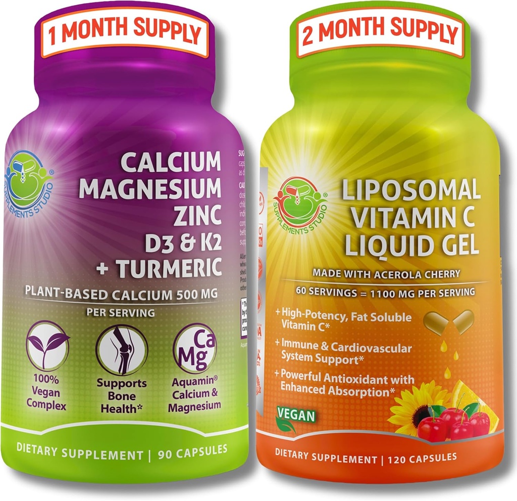 Knochen- und Immununterstützung Bundle – Liposomales Vitamin C 1100mg flüssiges Gel angereichert mit Acerola Kirsche & Pflanzenbasiertes Calcium (von Aquamin®), Magnesium, Zink, D3, K2 + Turmeric – Saubere Wellness-Unterstützung