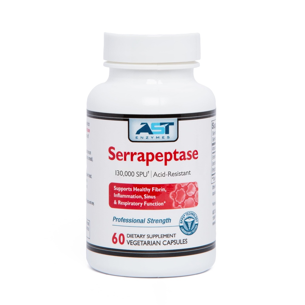 AST Enzymes Serrapeptase 130,000 SPU – 60 Vegetarian Capsules – Premium Natural Systemic Enzymes –Acid-Resistant Serrapeptase