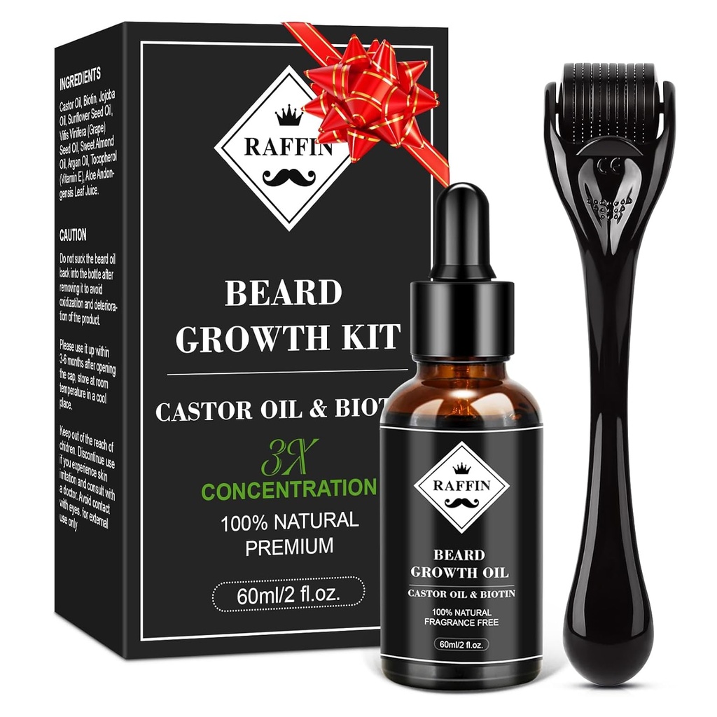 Kit di crescita del cuscinetto RAFFIN, olio di crescita del cuscinetto aggiornato (2Oz) w/olio di colata e biotina di spessore massimo per Cuscinetto Spot/Patchy, ottenere più completo, cuscinetti Thicker & Healthier, regali per lui ragazzo marito papà