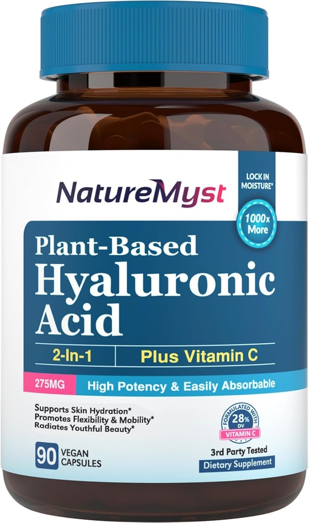 Hyaluronsäure-Ergänzung, mit Vitamin C, 250mg Pflanzen-Based HA, 90 Vegan-Kapseln, für Haut und Augen, Kollagenproduktion, einfach absorbierbar