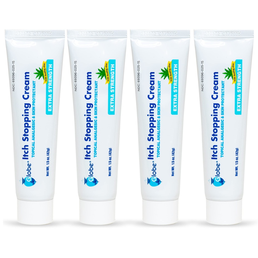 (4 Pack) Globe Extra Strength Itch Stoppen Anti-Itch Cream 1.5 Oz mit Histamin Blocker, Diphenhydramin HCl Themaale Analgetik & Zink-Azetat Hautschutz für Relief vor den meisten Outdoor Itches