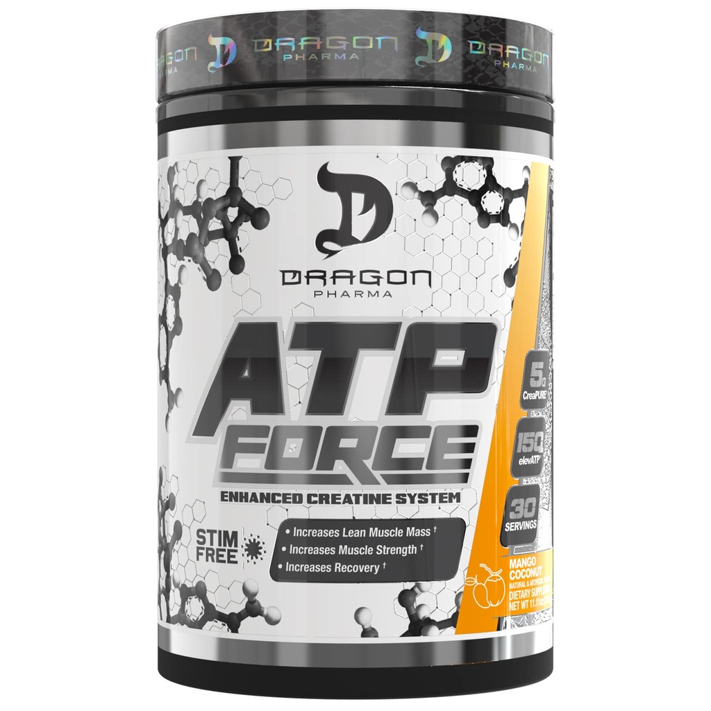DRAGON PHARMA ATP Force système de créatine amélioré, Stim-libre, augmenter la masse musculaire maigre et la récupération, 5 grammes de créaPure, améliore le flux sanguin (30 portions, noix de coco de mangue)