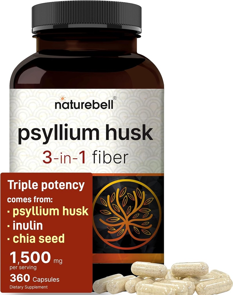 NatureBell Psyllium Husk Fiber Supplement, 1.500mg pro Servieren, 360 Kapseln | mit Inulin & Chia Seed | Organische lösliche Faser für Verdauungs- & Gut Gesundheit | Pflanzenbasiert, Non-GMO, Glutenfrei