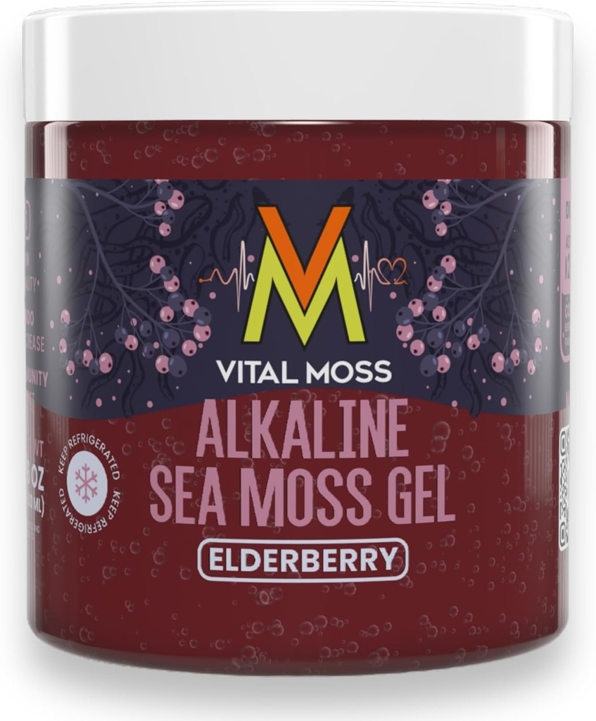 VitalMos Elderberry Irish Sea Moss Gel, St Lucia Wildcrafted Alkali mit Mineralien Vitamine und Antioxidantien, Schilddrüse und Immununterstützungsergänzung, Raw, Vegan Friendly, 16oz