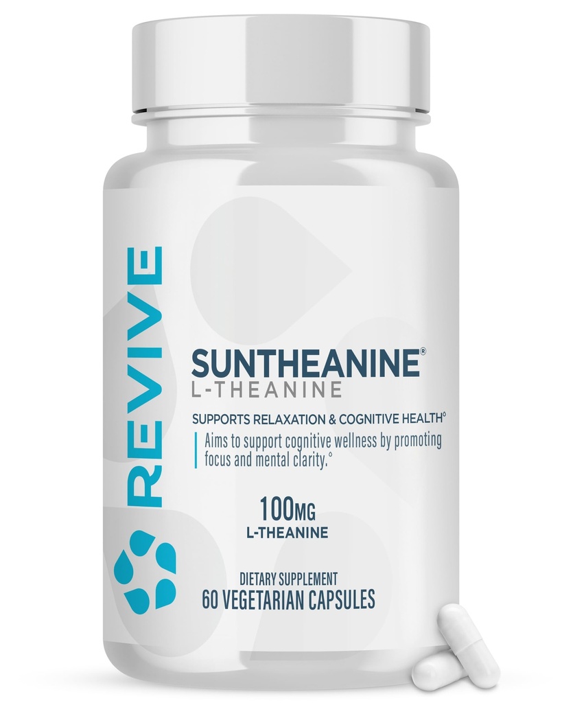 Revive MD Suntheanine L-Theanine Supplemento per gli uomini e le donne - Supporta Fatigue & Brain Funzione per calmare l'umore, Clarity mentale, Focus & Relax - Vegan & Gluten-Free (60 Capsule, 60 Servings)