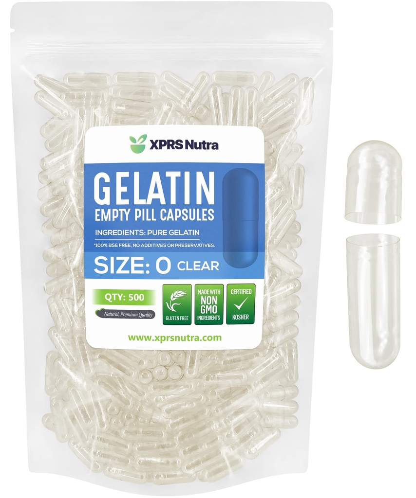 XPRS Nutra Size 0 Capsule Vuoti - 500 Contare Capsule Gelatini Vuoti - Pillole per Riempimento Capsule fai da te - Fillable Pure Bovine Pill Gel Caps per Integratori fai da te