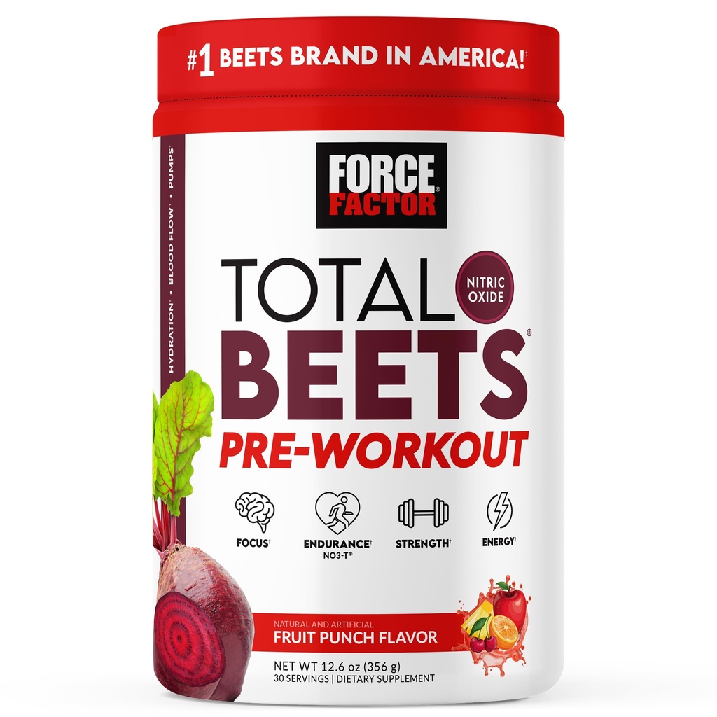 FACTEUR DE FORCE Betteraves totales Poudre de pré-entraînement pour stimuler l'énergie et l'endurance, augmenter la force et améliorer le débit sanguin et les pompes, supplément d'oxyde nitrique avec poudre de racine de betterave, punch de fruits, 30 portions