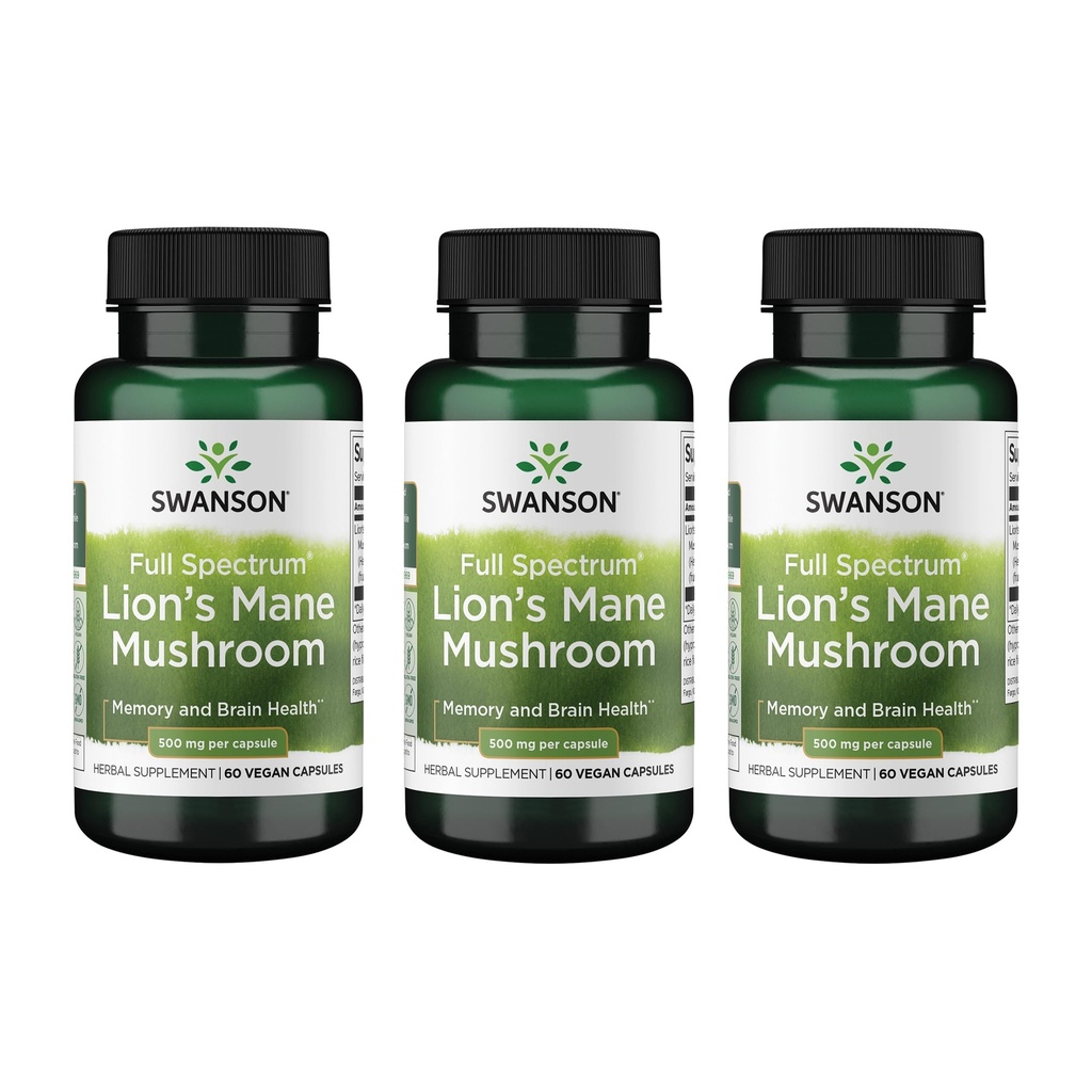 Swanson Lion's Mane Mushroom - Supplément pour booster le cerveau traditionnel à partir d'Héricium Erinaceus (60 capsules, 500mg chacune) 3 Pack