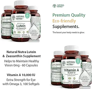 Natural Nutra Lutein und Zeaxanthin Supplement Soy Free, 20mg - 60 Kapseln und Vitamin A 10.000 IU, hilft, gesunde Vision mit Omega 3, 100 Gluten Free Softgels zu erhalten
