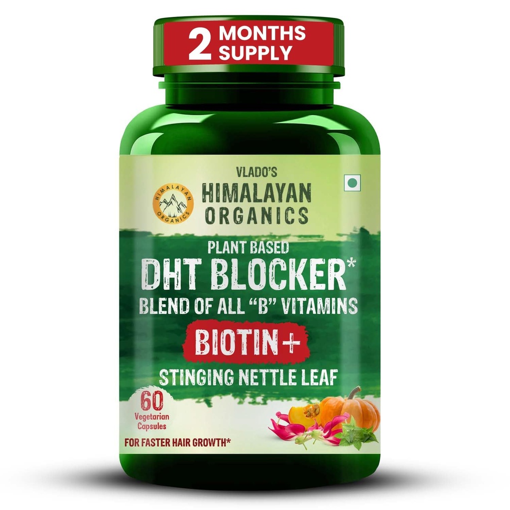 Vlado's Himalayan Organics DHT Blocker with Biotin Tablets for Hair growth | Biotin Supplement with all B vitamin | DHT Blocker supports Hair Growth & Skin Health for Men & Women | 60 Veg capsules