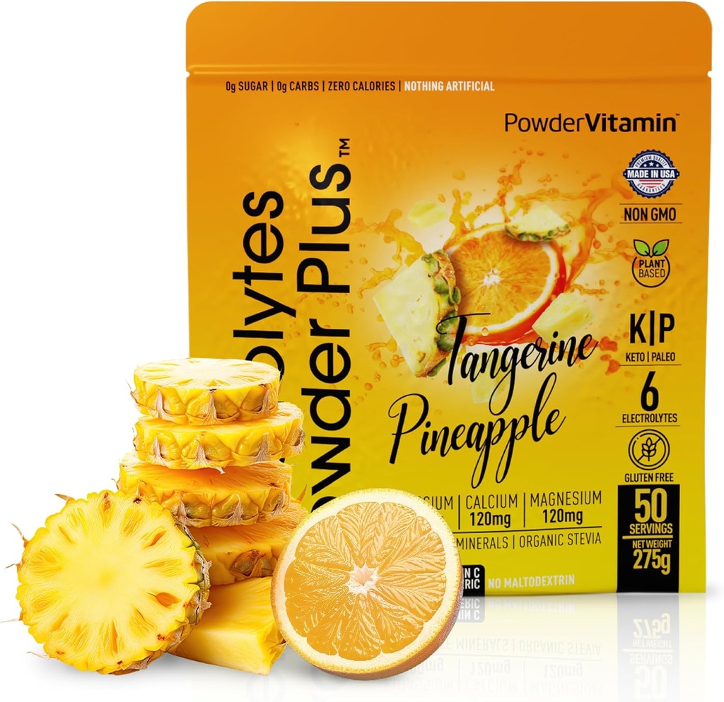 PulverVitamin Elektrolyte Pulver Plus (50 Portionen) Tangerine Ananas Elektrolyt Pulver 0 Calorie Keto, 0 Zucker, kein Maltodextrin, 1000mg Kalium, 120mg Calcium, 120mg Magnesium, Hydration Pulver
