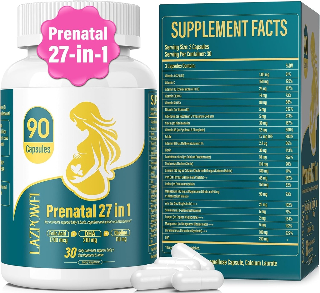 Vitamine Prenatali per Donne Multivitamina Postnatale con Acido Folico DHA Choline per le donne in gravidanza e allattamento Niacinamide Biotina e Minerali 27 in 1 Supplemento 90 Capsule-30 Serve