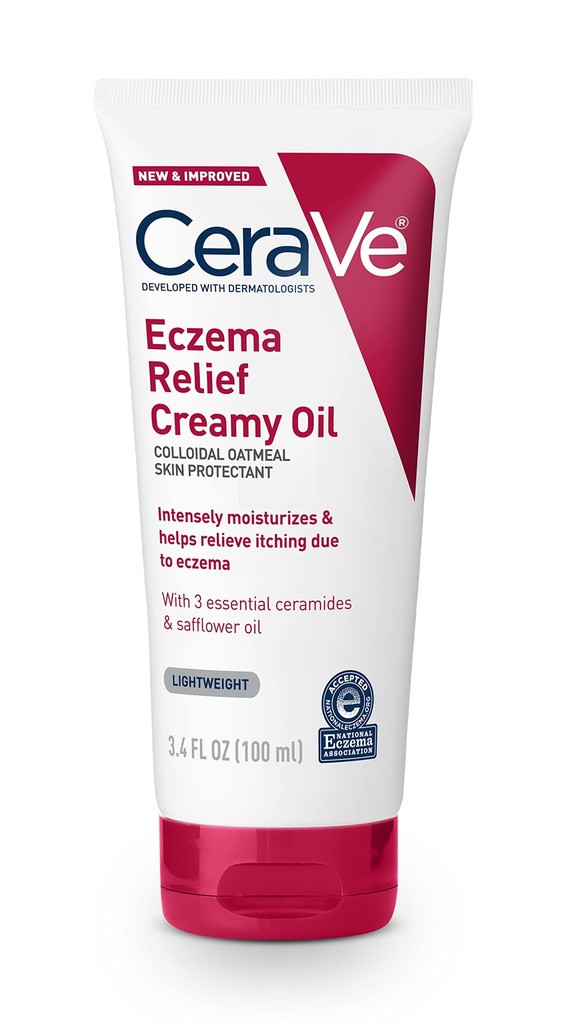 CeraVe Eczema Relief Creamy Body Oil, Eczema Crema Calmante Con Oatmeal Colloidale & Safflower olio per pelle secca & Itchy Rilievo della pelle, Steroide Free & Paraben Free, 3.4 Ounce