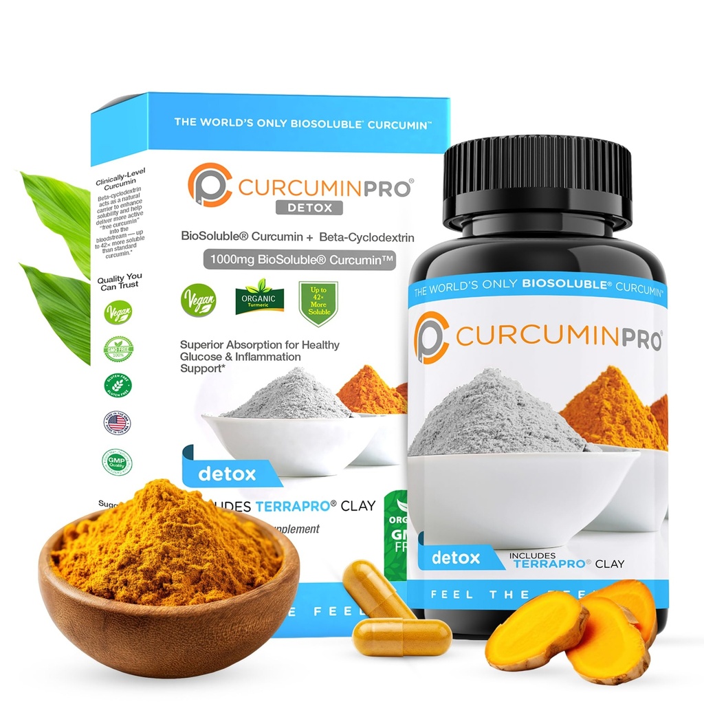 curcuminpro Capsules de detox.com Supplément curcuma biologique avec BioSoluble BCD & Natural Bentonite Clay.com Mélange de Curcumine Vegan à haute absorption pour le mieux-être Gut et Cœur.