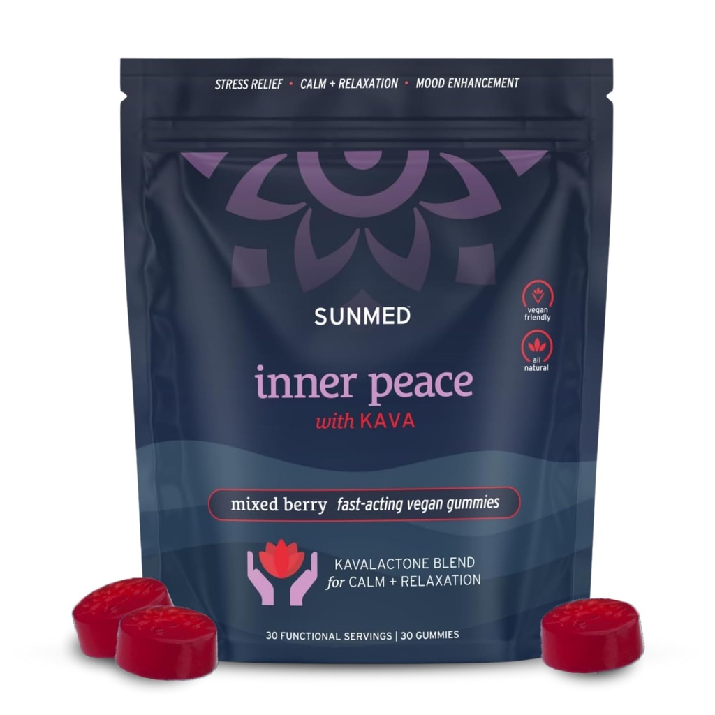SUNMED Kava Gummies per Stress Relief & Deep Calm – 100mg Kavalactones per Serving – Vegan, Pacific Island Root Extract | Mixed Berry Flavor, 30 Count