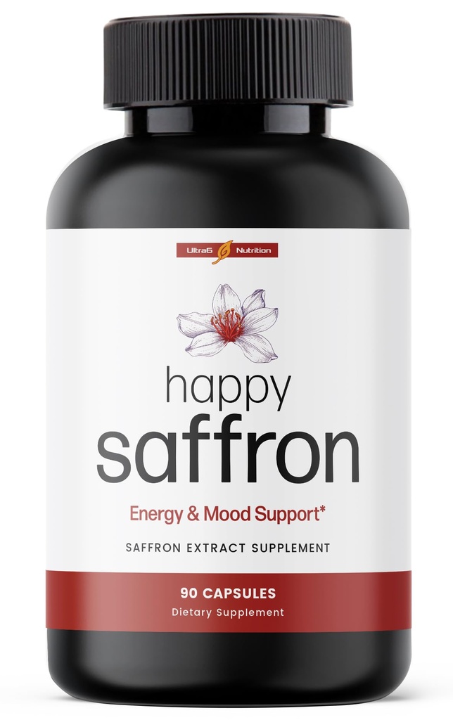 Ultra6 Nutrition Happy Saffron Supplements - 100% Pure Saffron Extract Supplemento per Eye Health Support - Mood Enhancer for Women & Men (90 Serve)