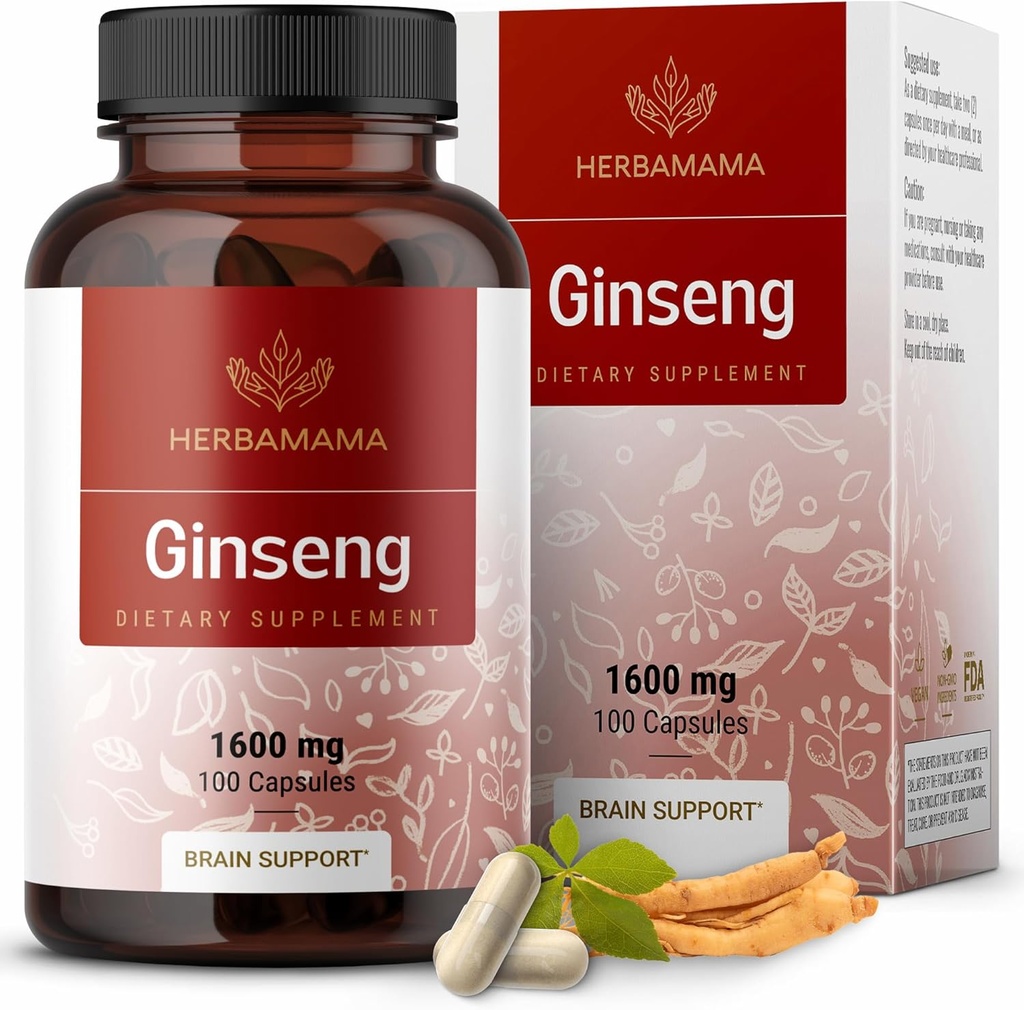 HERBAMAMA Korean Panax Ginseng Capsules - 1600mg Red Ginseng Root - Vegan, Non-GMO Korean Red Panax, 100 Caps