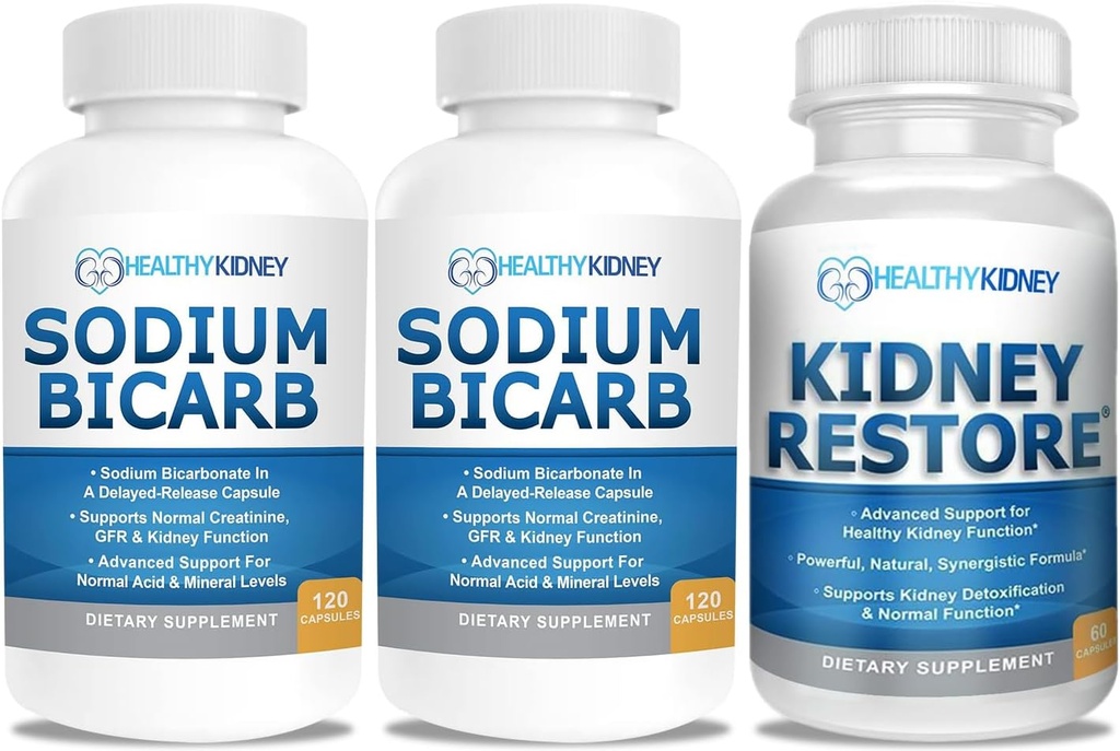 Natriumbicarbonat 650mg Kapseln für Säure-Relief, Alkalinität 120 Pillen 2-Pack + Nieren-Restore Nierenreiniger und Nierengesundheitsergänzung, 60 Mützen