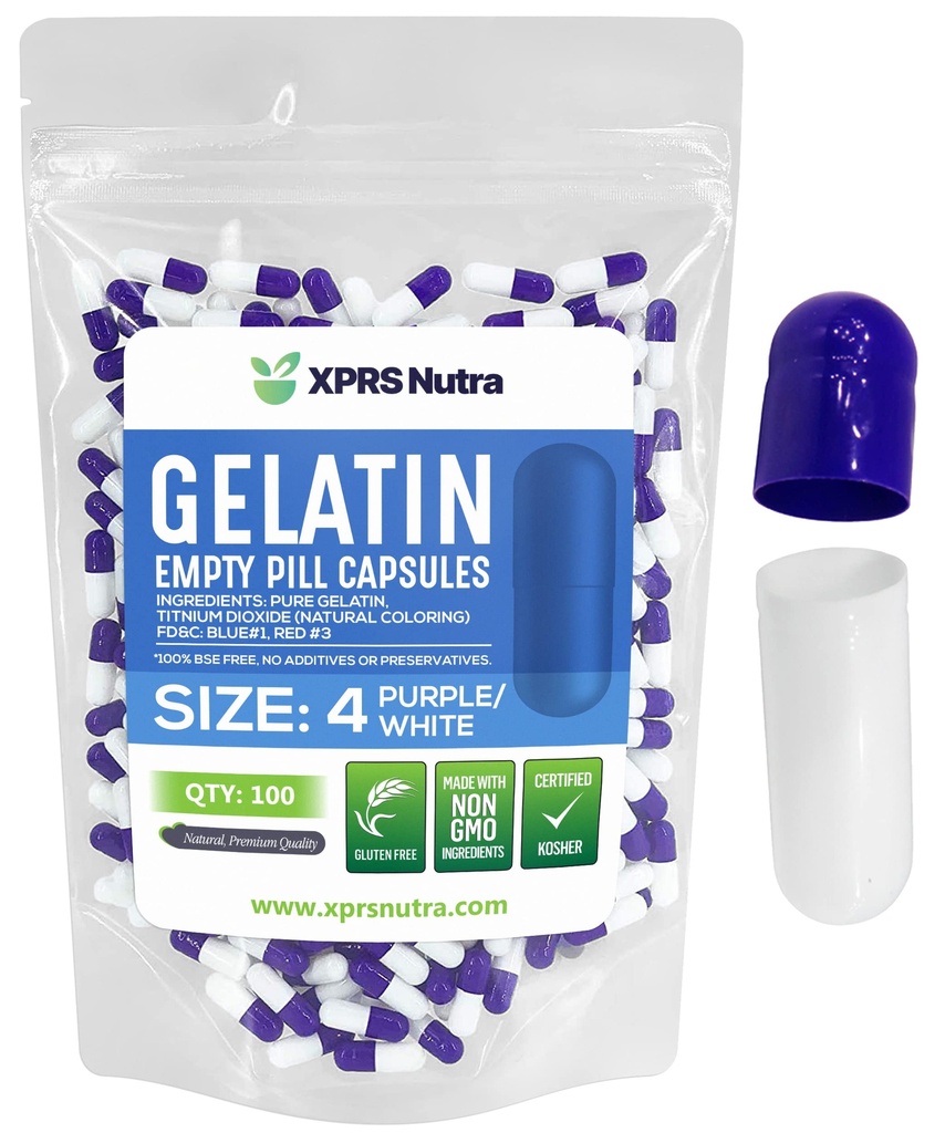 XPRS Nutra Taille 4 Capsules vides - 100 Compter les petites capsules de gélatine vide - Pills Bricolage Capsule Remplissage - Remplissage pur bouchons de gel de pilules pour les suppléments Do-It-Youlf (Purple/White)