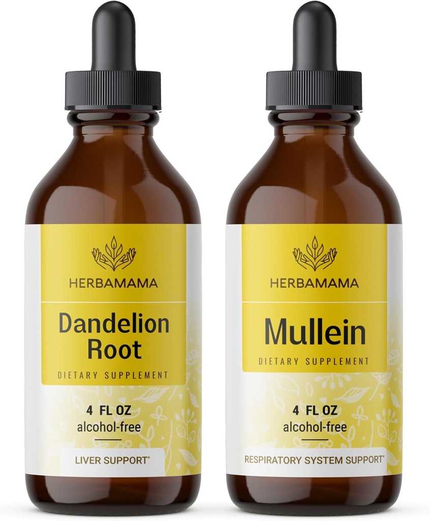 HERBAMA Kräuterflüssigkeit Tropfen Kit - Bundle von Dandelion Root und Mullein Leaf Tinktur 4 fl oz - Vegan, Non-GMO, Zucker & Alkoholfrei - 2 Pack