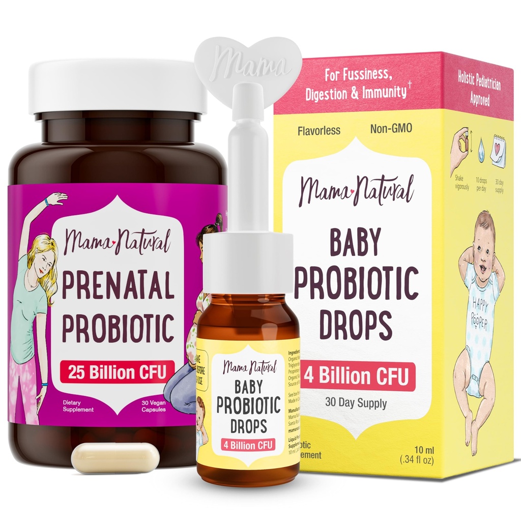 Mama Natural Prenatal Probiotic & Baby Probiotic Drops Bundle – Gut, Vaginal & Immununterstützung für Mutter + Verdauungskomfort für Baby mit Infant Probiotics – Bundle & Sparen