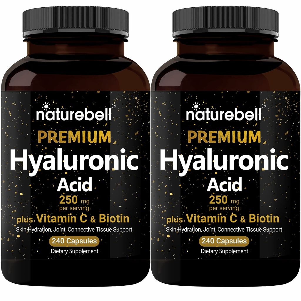 NatureBell 2 Pack Pflanze basiert Hyaluronsäure ergänzt 250mg mit 25mg Vitamin C & Biotin 5000mcg, 480 Gesamtkapseln | Essential for Hair Growth, Joint Support, & Hydrating Skin | Non-GMO