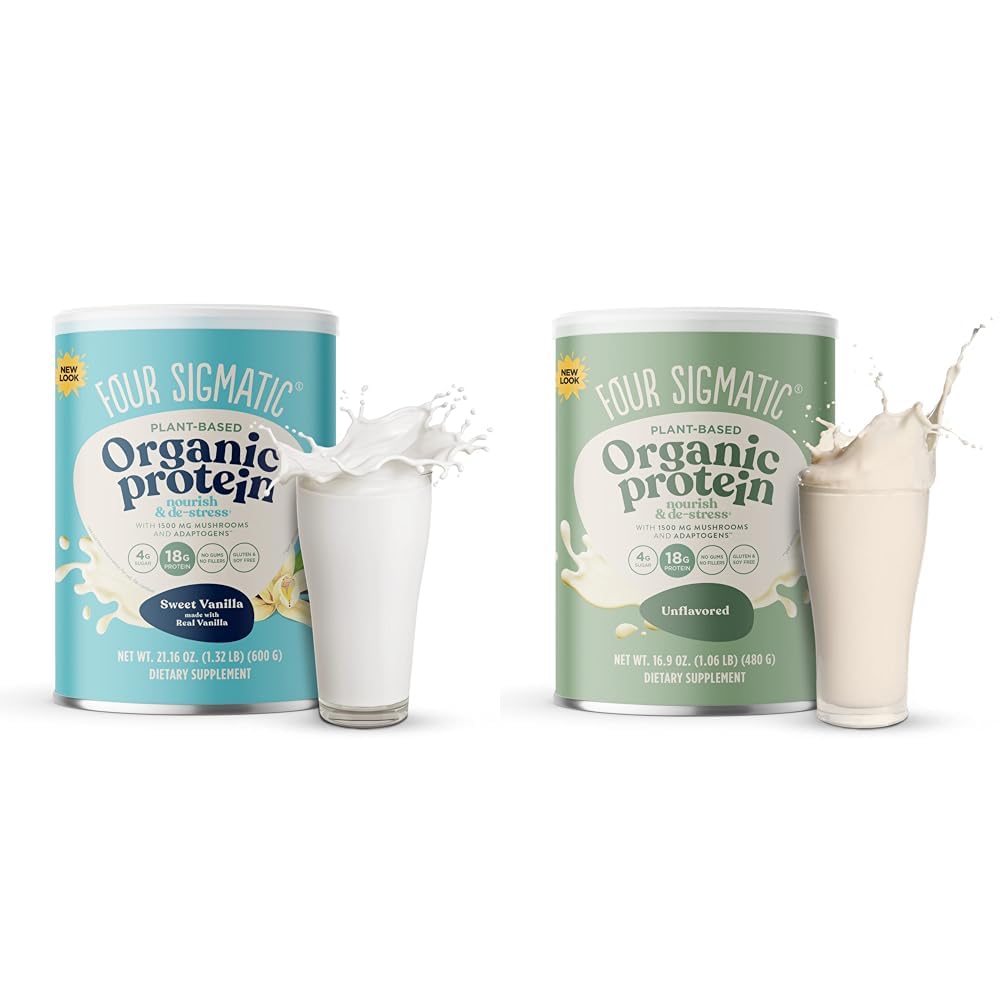 Quatre poudres de végétaliens et de protéines végétales organiques sigmatiques avec champignons, adaptogènes, sans gluten, sans OGM Vanille et non aromatisé
