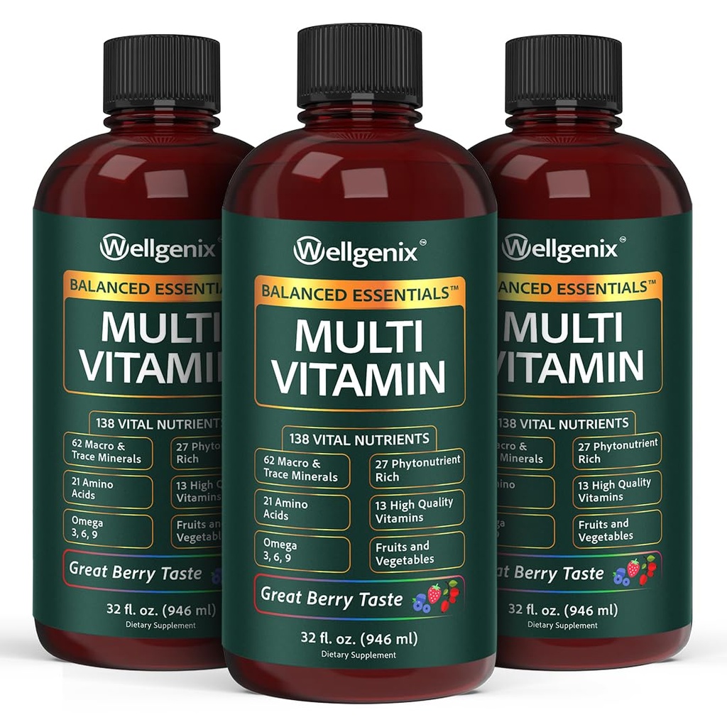 Wellgenix Balanced Essentials Plus Nouvelle formule - Vitamine liquide - Supplément multivitamine complet - 1 oz par jour - Amélioration de l'immunité et santé globale - Adultes, enfants, tout-petits - Berry Flavor 32 oz (3)