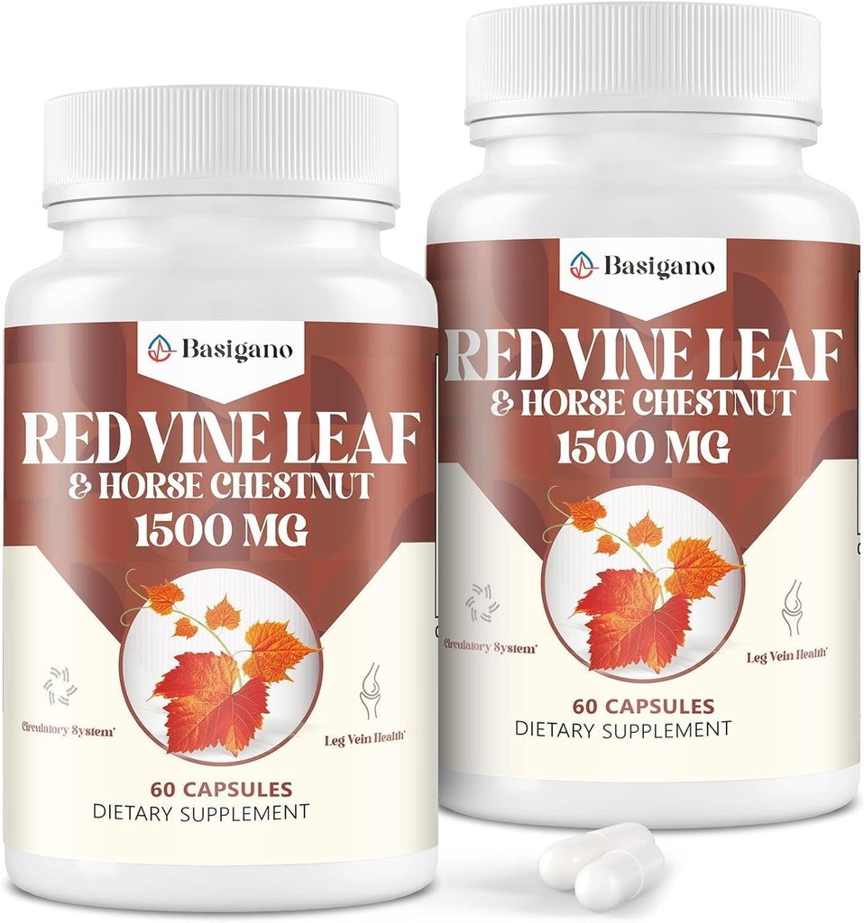 Capsule Integratori di Estratto di Sosta di Vite rosso e di Cavallo (Vitis Vinifera) 1500mg -Premium Extract for Healthy Veins, Circulation, Heart, Skin (2 Confezione)