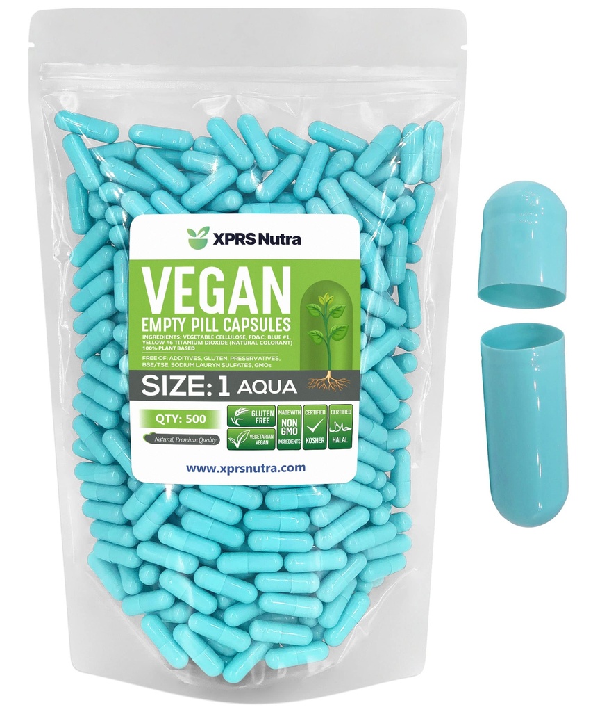 XPRS Nutra Size 1 Empty Capsules - 500 Count Empty Vegan Capsules - Vegetarian Pills DIY Vegetable Capsule Filling- Veggie Pill Caps for Do-It-Yourself Supplements (Aqua)