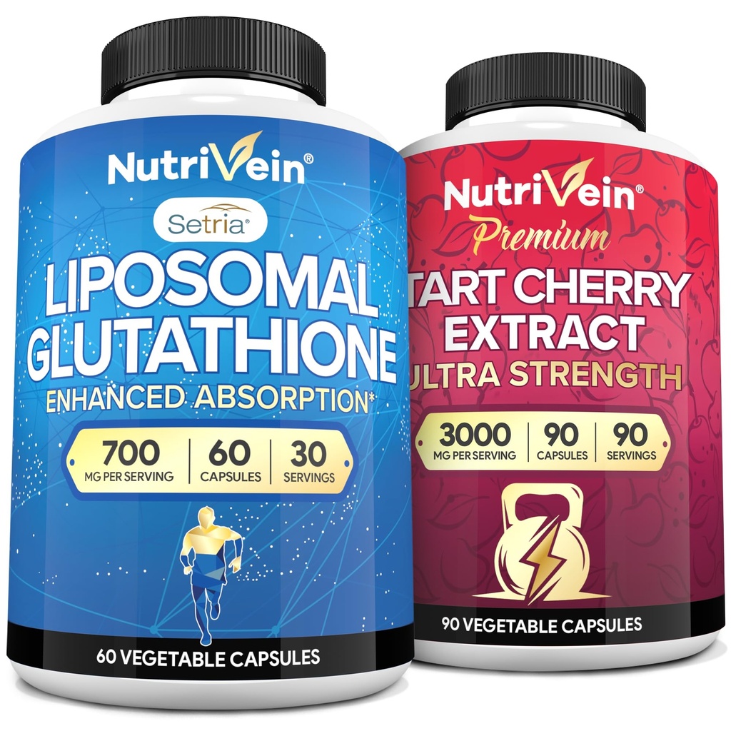Nutrivein Premium Liposomal Glutathione Supplement & Tart Cherry Capsules Bundle: Glutathione Glutathione Liposomal Supplement & Tart Cherry Extract Capsules for Detox, Recovery, & Defenses