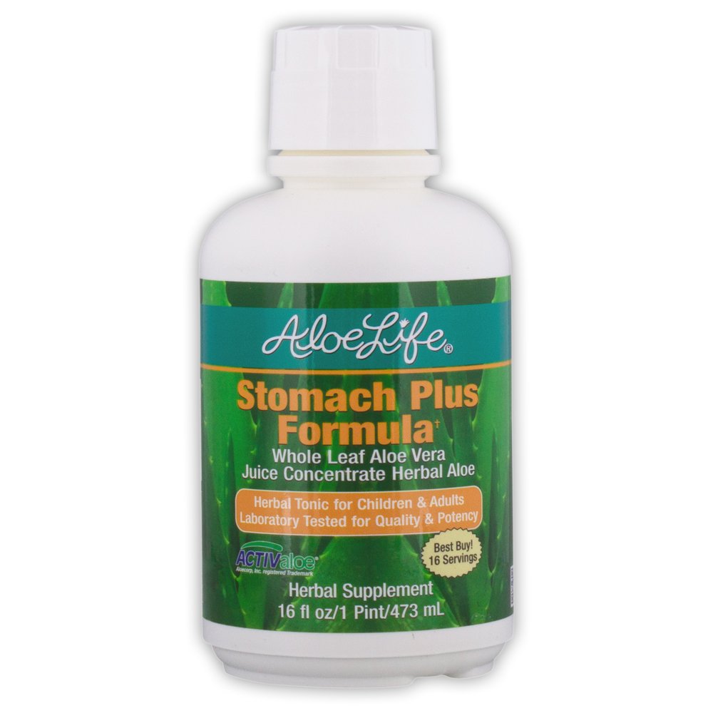 Aloe Life - Formule Stomach Plus, tonique à action rapide pour les enfants, les adultes et les aînés, soutient la digestion saine et aide à apaiser le gaz, le ballonnement et les nausées, Aloe Vera Concentrate, sans gluten (16 oz)