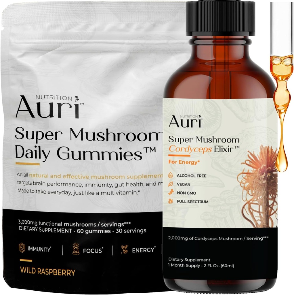 Auri Energy & Immune Boost Pack Super Mushroom Daily Gummies Cordyceps Elixir Bundle - Daily Wellness for Focus, Stamina e Longevity - 60 Gummies + 60ml Tincture