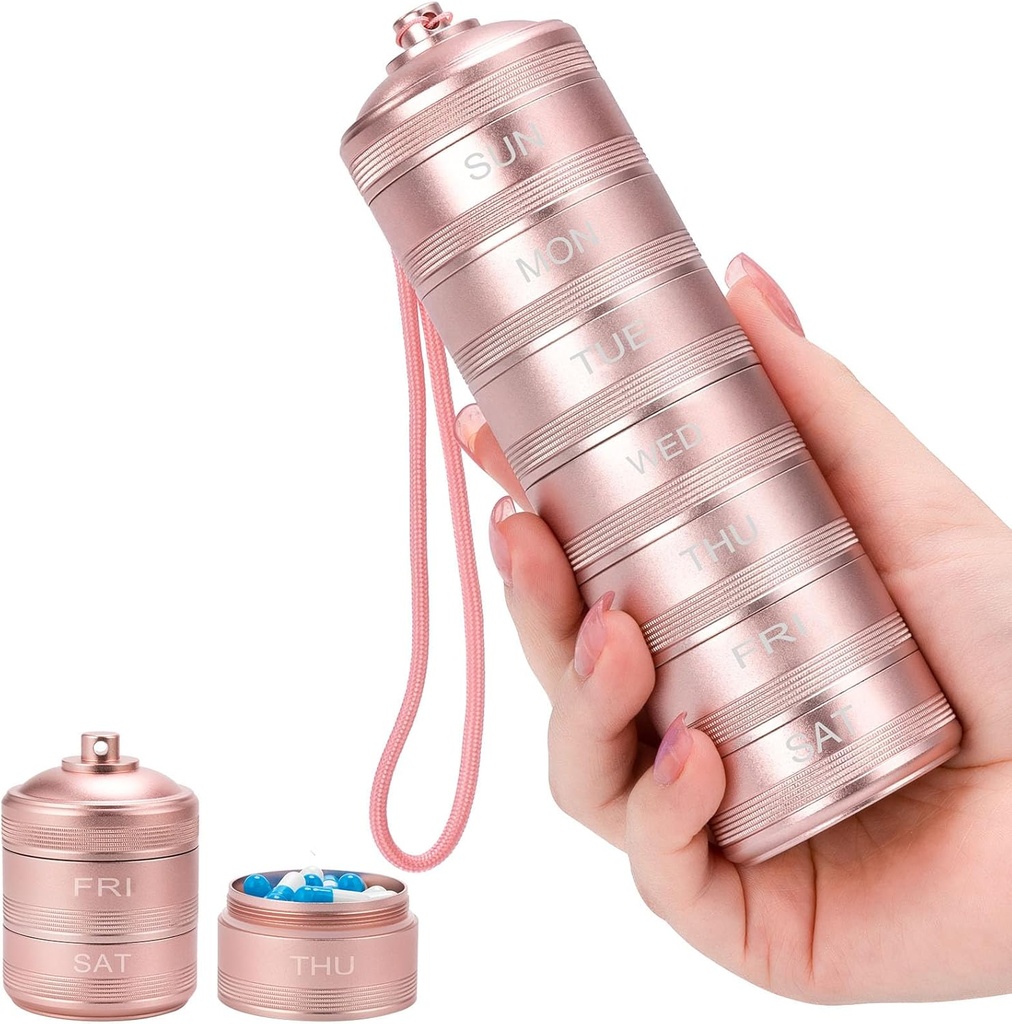 Metal Pill Organizer 7 giorno - Impermeabile settimanale di viaggio Pillola Casella giornaliera con 7 scomparti, contenitore di pillole per integratori di vitamina Medicina Olio di pesce, rosa