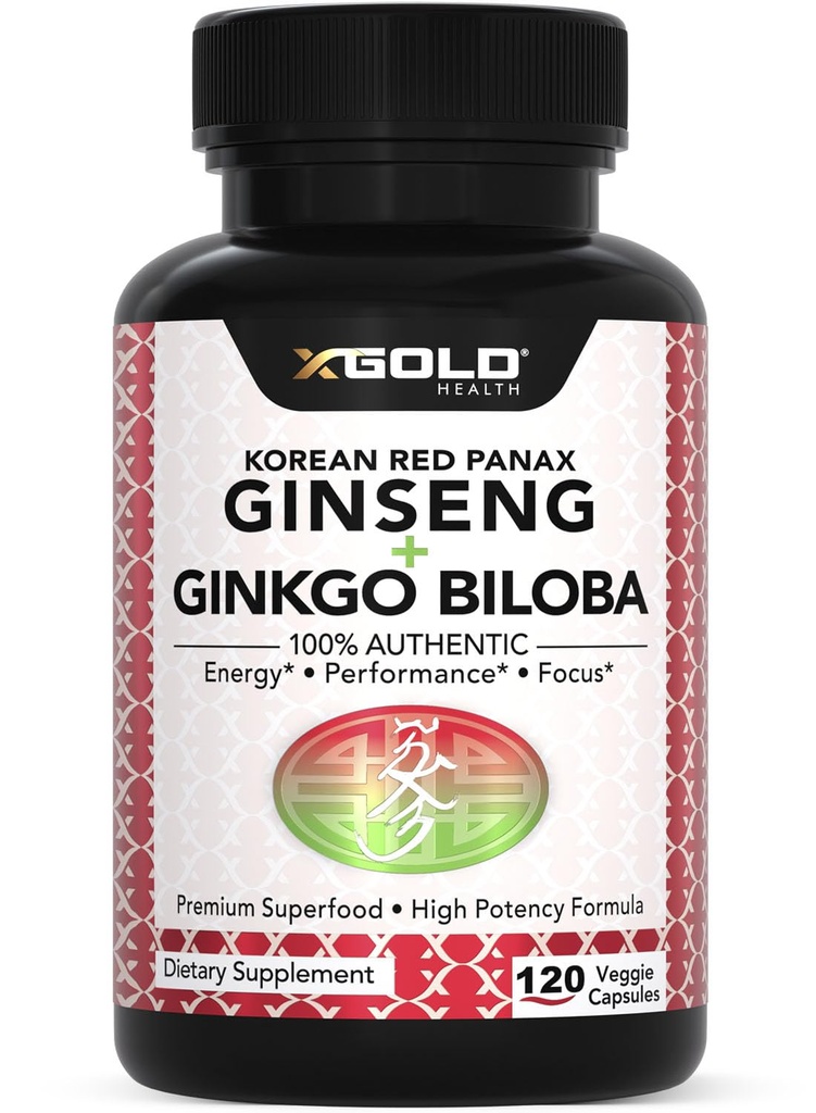 Authentique Panax Rouge Coréen Ginseng 1200mg + Ginkgo Biloba 160mg – Ginsénoside élevé Extra Force – Énergie, Mémoire, Focus et Santé du cerveau – Capsules végétaliennes pour hommes et femmes – 120 Compte