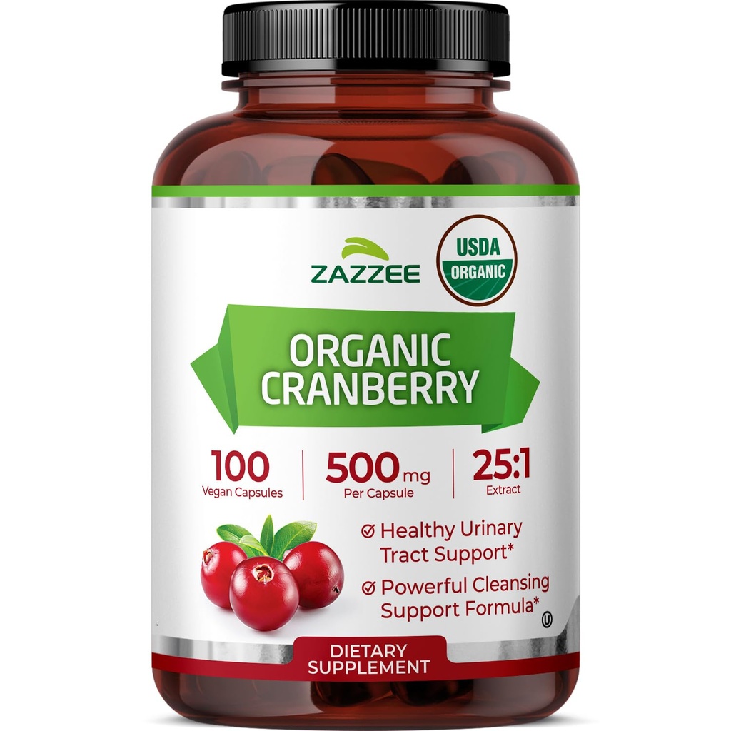 Zazzee USDA Organic Cranberry 25:1 Extrakt, 500 mg pro Kapsel, 100 Vegan Kapseln, über 3 Monate Versorgung, Standardisiert, Konzentriert 25X Extrakt, 100% Vegetarisch, Certified Organic, Non-GMO All-Natural