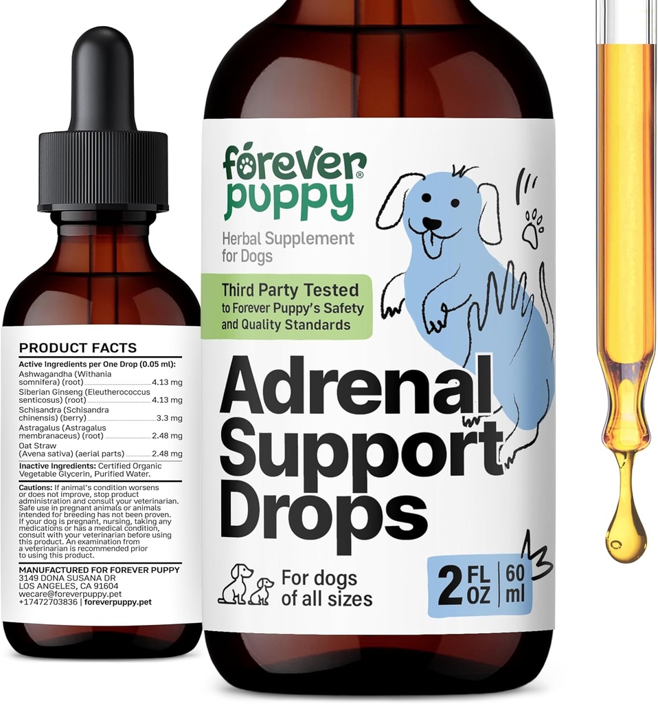 Forever Puppy Adrenal Support Drops für Hunde - Pure Ashwagandha & Ginseng Root Tincture für Adrenal Health & Energy Support - Pflegeflüssigkeitsergänzung für Hunde aller Rassen & Größen - 2 oz