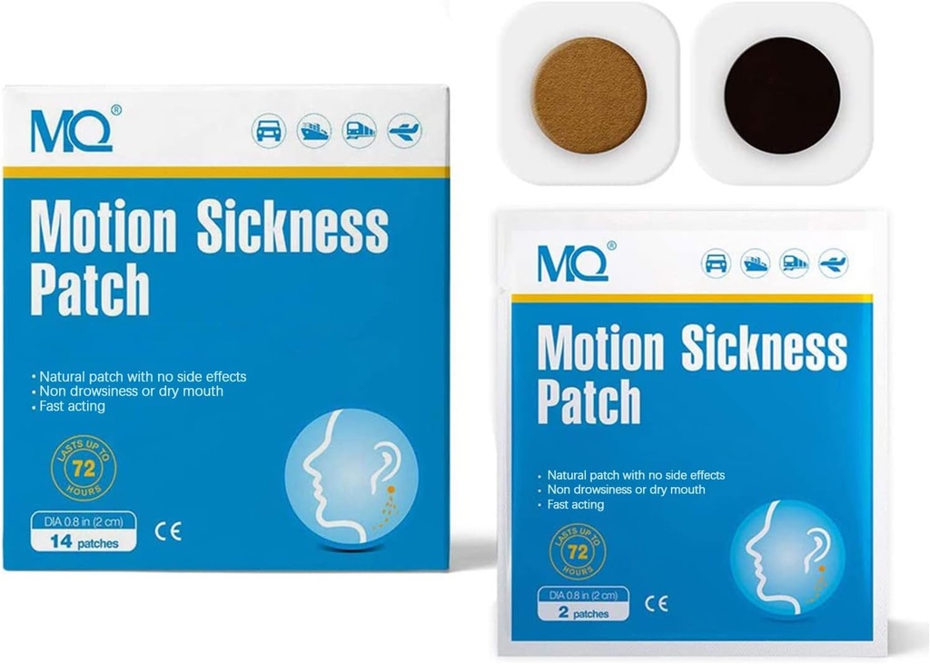 MQ 42ct Motion Sickness Patches Non Drowsy, Sea Sickness Patches for Cruise Travel Essentials, Impermeabile Patch Behind Ear per Auto Airplane Altitude Sickness, Long Last 72H