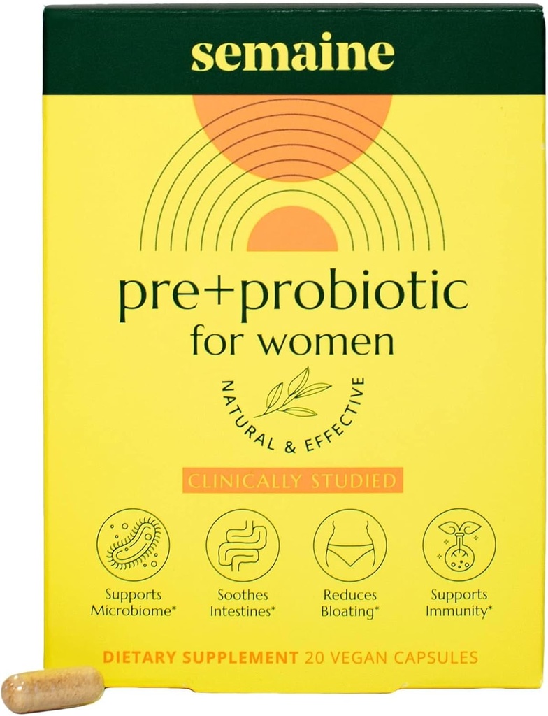 Semaine Super Powered Prebiotic + Probiotic for Women, Effective 3-in-1 Multi-Action Formula to Nourish Gut Health, Soothe IBS, Support Bloat Relief & Immunity Boost, Clinically-Studied (20 ct)