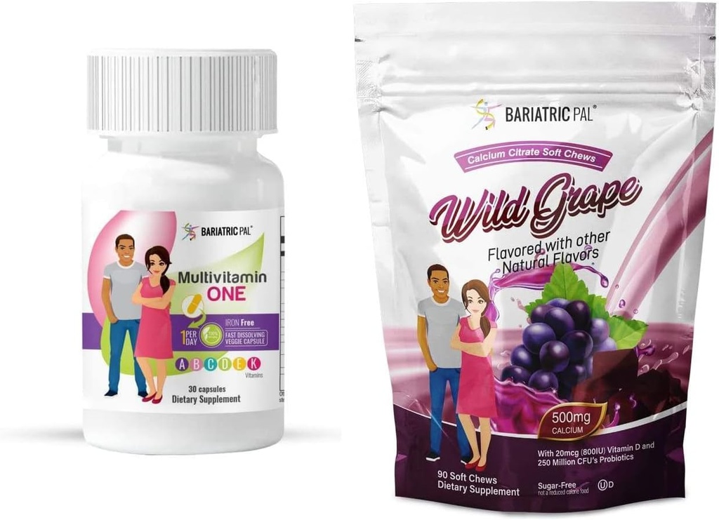 BariatricPal Duodenal Switch Complete 30-Day Supply Vitamin Pack (Iron-Free Capsule Calcium Citrate Soft Chews with Probiotics - Wild Grape)