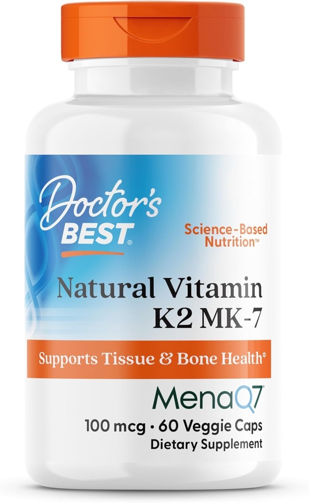 Doctor's Best Natural Vitamin K2 MK7 Ergänzung für Männer und Frauen - Knochen Gesundheitsunterstützung, 100 mcg Vitamin K-2 MK-7 Kapseln mit MenaQ7, Calcium Support, Non GMO, Vegan - 60 Veg Caps
