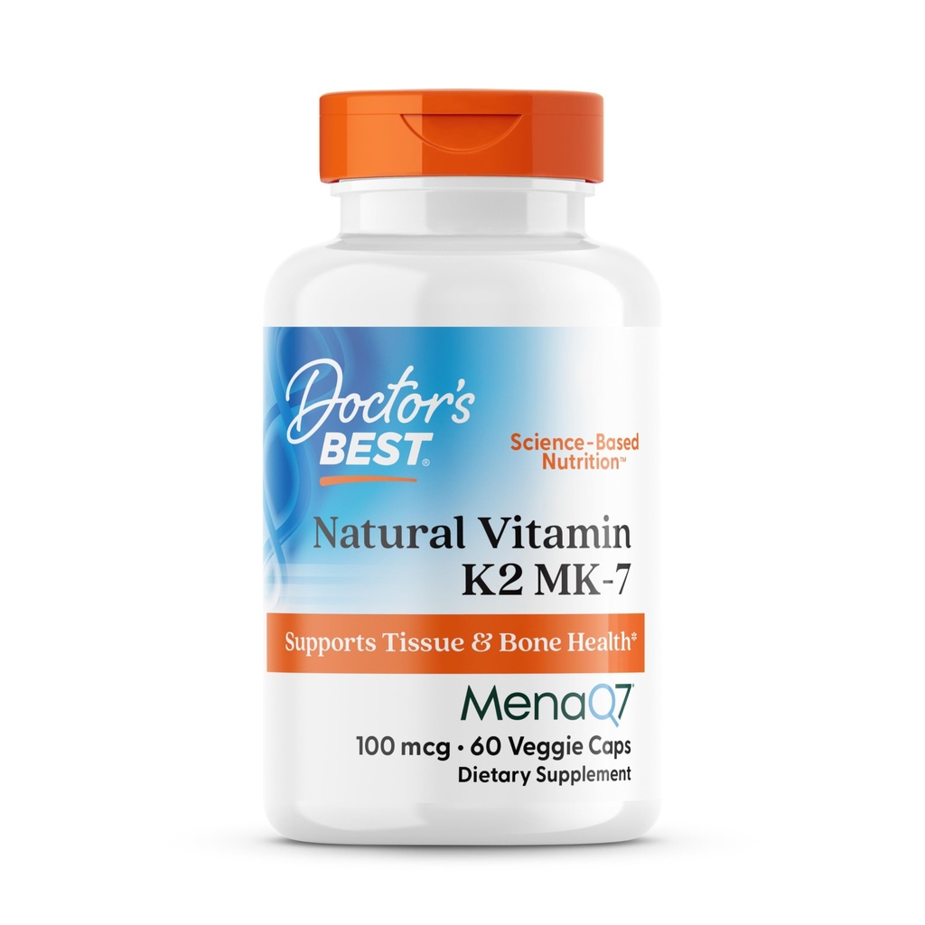 Doctor's Best Natural Vitamin K2 MK7 Ergänzung für Männer und Frauen - Knochen Gesundheitsunterstützung, 100 mcg Vitamin K-2 MK-7 Kapseln mit MenaQ7, Calcium Support, Non GMO, Vegan - 60 Veg Caps