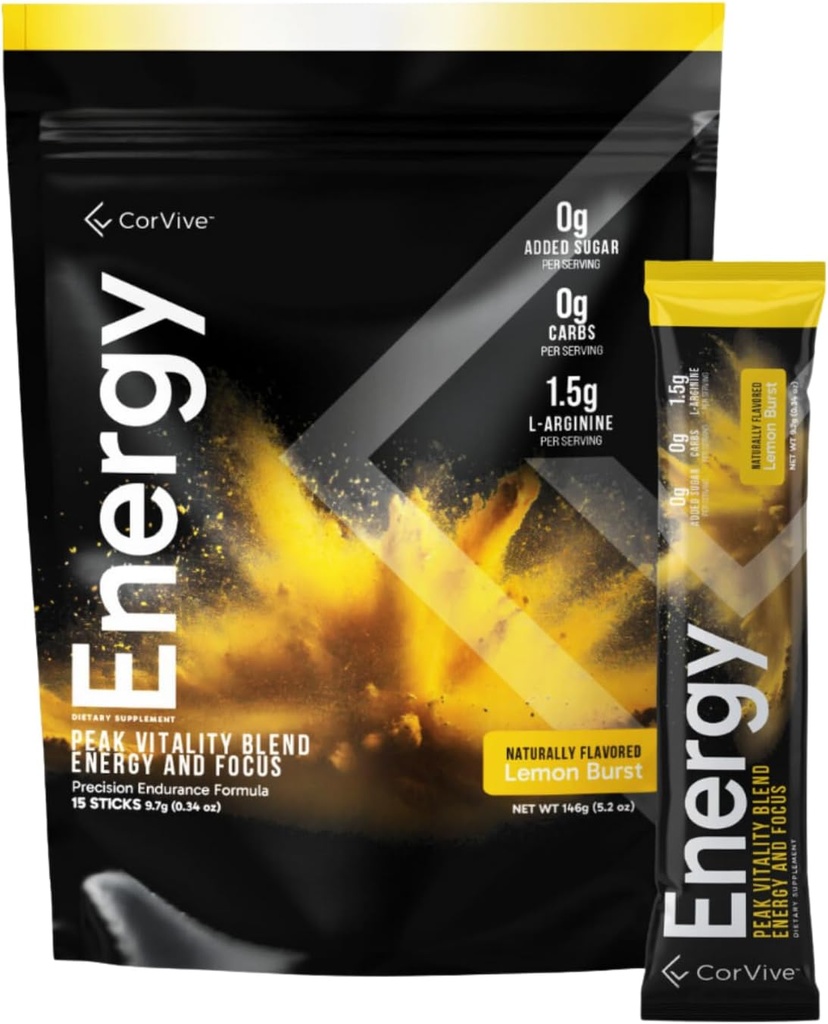 Energy | Natural Energy & Focus Supplement | mit Carnosyn®, Ashwagandha, L-Arginin, Theobromine | Zero Sugar, 5 Kalorien, 120mg Koffein | 15 Stick Packs für Mental & Physical Boost | Lemon